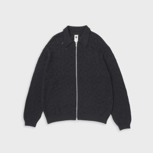 vowels Eyelet Knitted Zip Up Sweater - Black