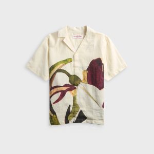 Orlebar Brown Maitan Linen Orchid-Print Camp Shirt - White Sand / Damson