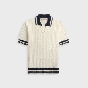 Orlebar Brown Swift Knitted Crochet Polo Shirt - White Sand / Night Iris